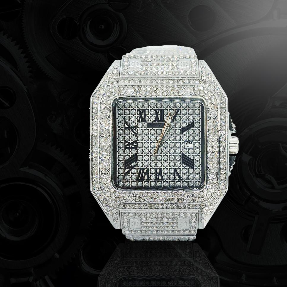 18k White Gold Plated 42mm Pave Set Square face w/Date