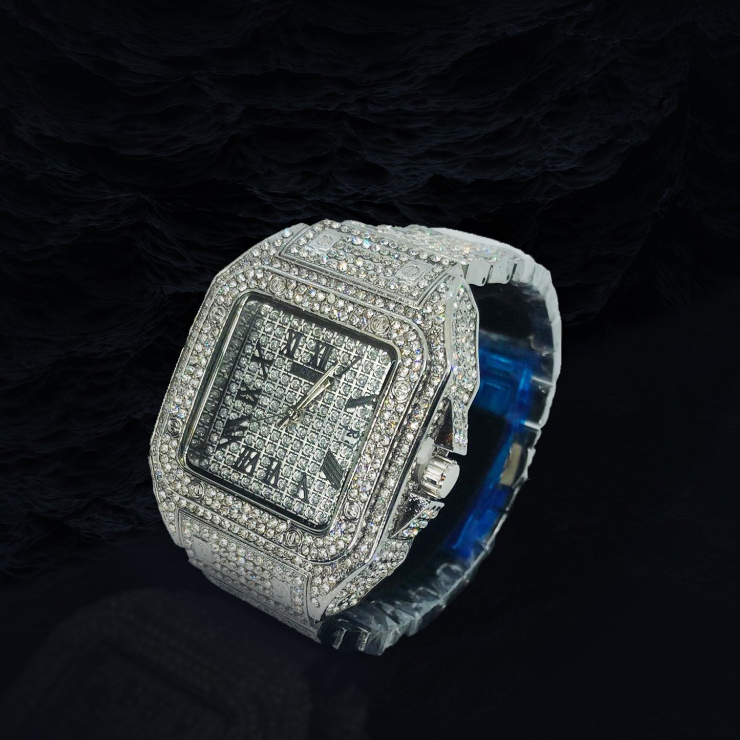 18k White Gold Plated 42mm Pave Set Square face w/Date