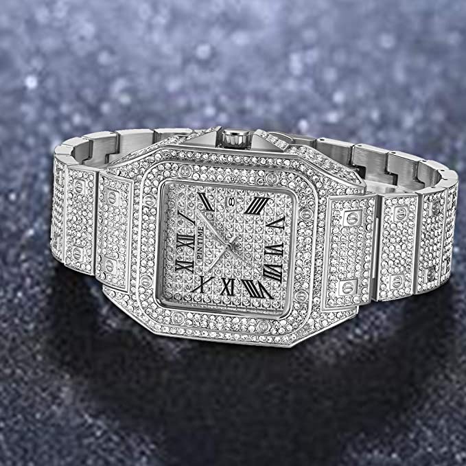18k White Gold Plated 42mm Pave Set Square face w/Date