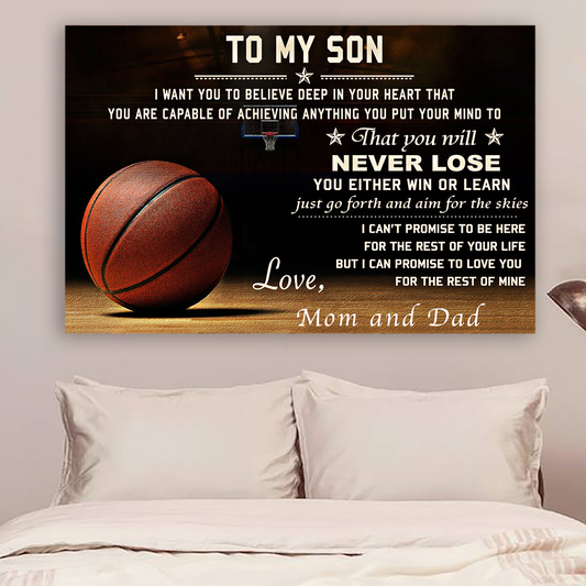 BASKETBALL POSTER MOM AND DAD TO SON NEVER LOSE