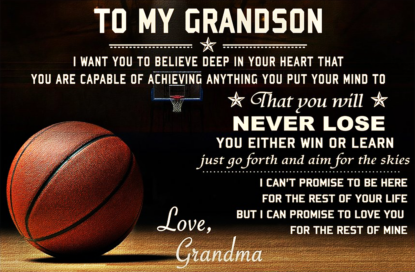 BASKETBALL POSTER - GRANDMA TO GRANDSON - NEVER LOSE